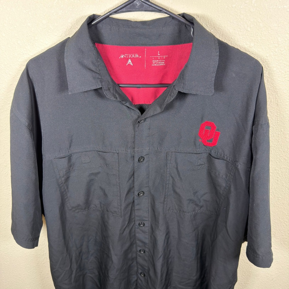 Antigua Oklahoma Sooners Shirt Mens Large Black Crimson Short Sleeve Button Down - Picture 4 of 9